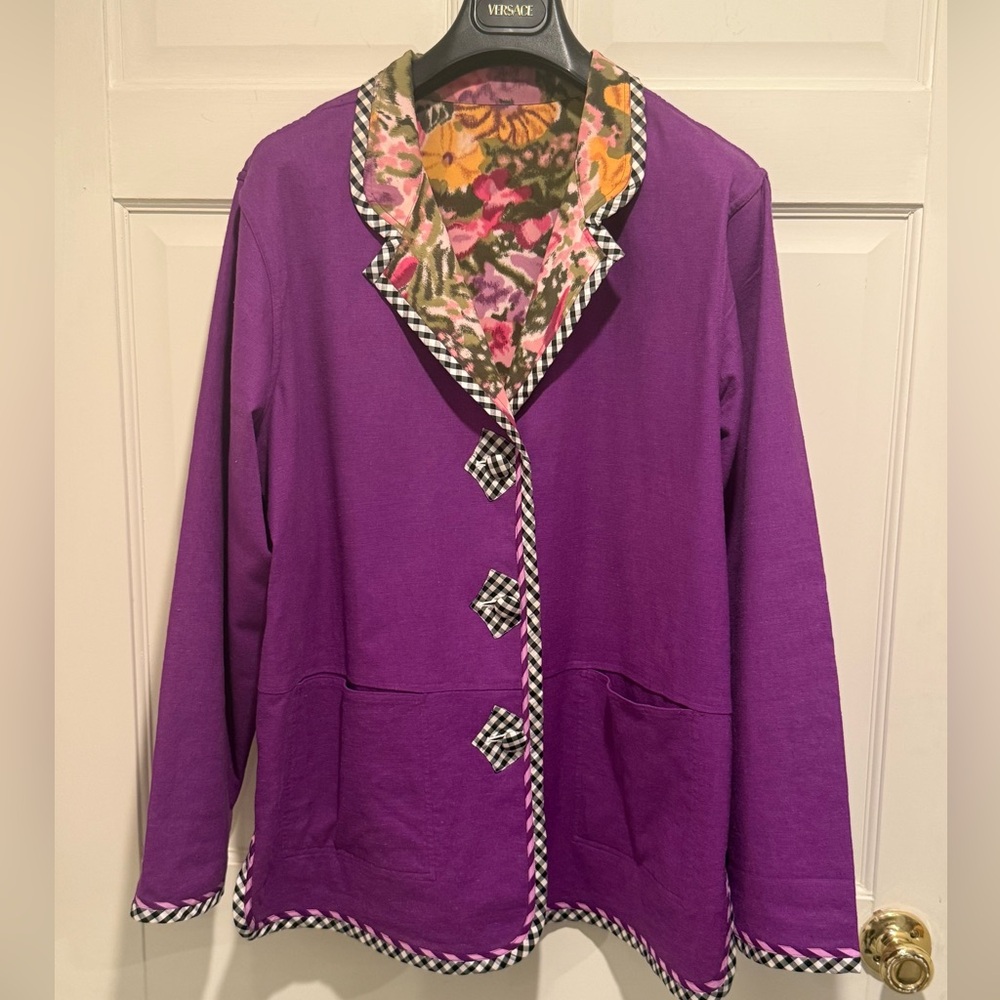 Koos of Course! EUC  Amazing Purple Linen Rayon Reversible Floral Jacket (0716)